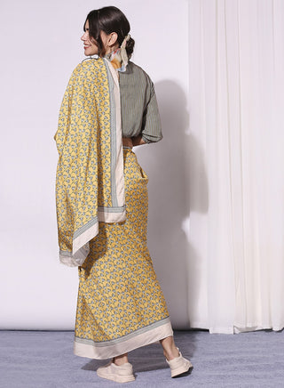 Soup By Sougat Paul-Yellow Printed Draped Saree With Crop Top-INDIASPOPUP.COM