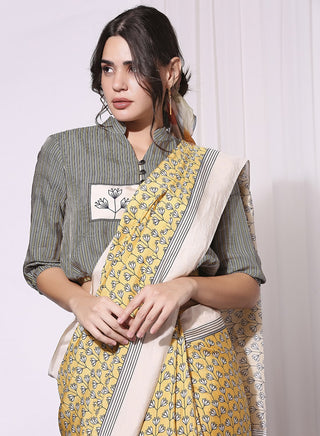 Soup By Sougat Paul-Yellow Printed Draped Saree With Crop Top-INDIASPOPUP.COM