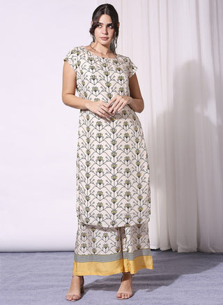 Soup By Sougat Paul-Yellow Printed Tunic With Pants And Sleeveless Jacket-INDIASPOPUP.COM