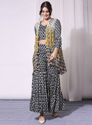 Soup By Sougat Paul-Blue Printed Sharara With Crop Top And Jacket-INDIASPOPUP.COM