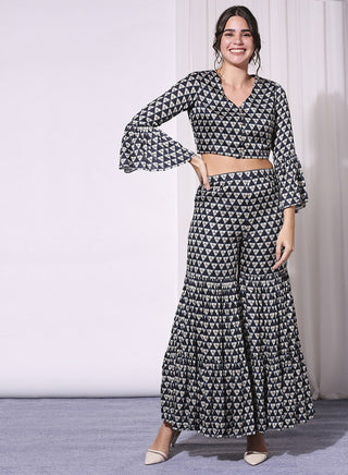 Soup By Sougat Paul-Blue Printed Sharara With Crop Top And Jacket-INDIASPOPUP.COM