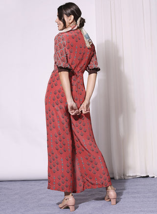 Soup By Sougat Paul-Red Printed Jumpsuit With Leather Belt-INDIASPOPUP.COM