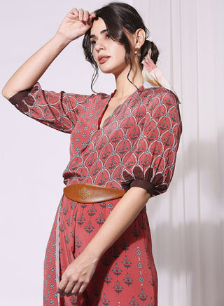 Soup By Sougat Paul-Red Printed Jumpsuit With Leather Belt-INDIASPOPUP.COM