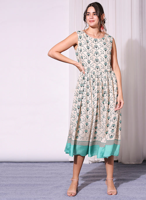Soup By Sougat Paul-Off-White Printed Dress With Sleeveless Jacket-INDIASPOPUP.COM