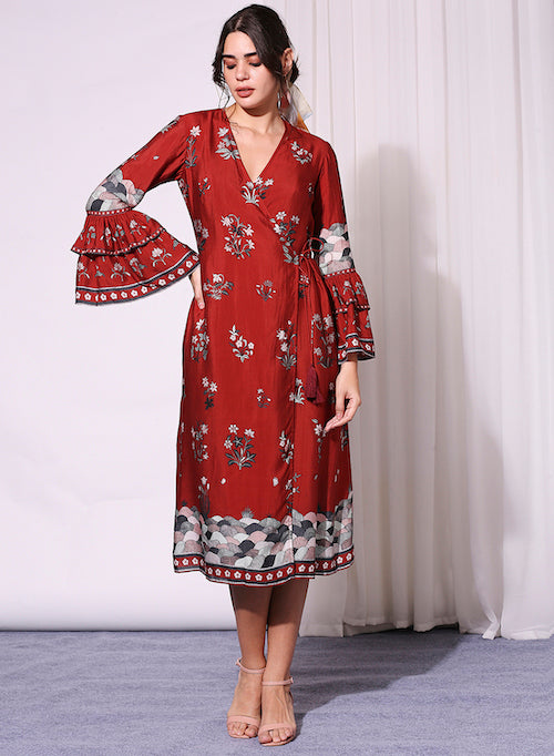 Soup By Sougat Paul-Overlap Printed Dress With Bell Sleeves-INDIASPOPUP.COM