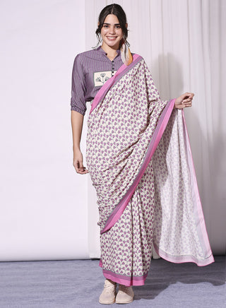 Soup By Sougat Paul-Pink Printed Pre-Stitched Saree With Crop Top-INDIASPOPUP.COM