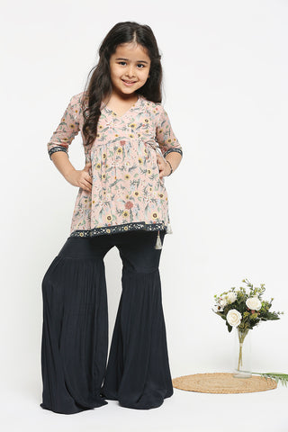 Soup By Sougat Paul Kids-Pink Floral Printed Top With Sharara Pants-INDIASPOPUP.COM