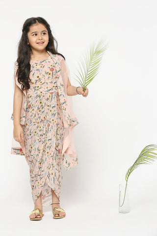 Soup By Sougat Paul Kids-Floral Printed Drape Dress With Net Cape-INDIASPOPUP.COM