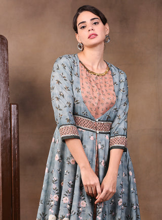 Soup By Sougat Paul-Peach Green Printed Layered Anarkali-INDIASPOPUP.COM