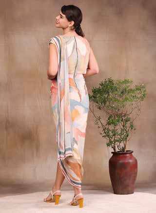 Soup By Sougat Paul-Multicolor Printed Drape Saree Dress-INDIASPOPUP.COM