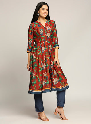 Soup By Sougat Paul-Red Orchid Bloom Printed Flared Kurta With Pant-INDIASPOPUP.COM