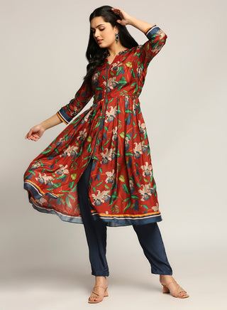 Soup By Sougat Paul-Red Orchid Bloom Printed Flared Kurta With Pant-INDIASPOPUP.COM
