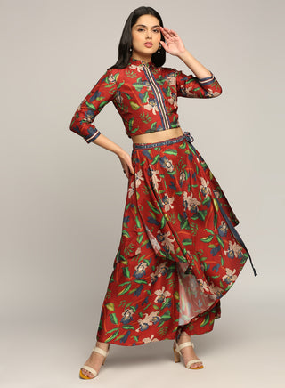 Soup By Sougat Paul-Red Printed Jacket With Layered Pants-INDIASPOPUP.COM