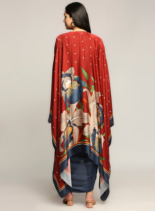 Soup By Sougat Paul-Blue Red Printed Drape Dress With Cape-INDIASPOPUP.COM
