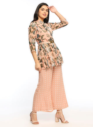 Soup By Sougat Paul-Peach Printed Top And Pants With Belt-INDIASPOPUP.COM