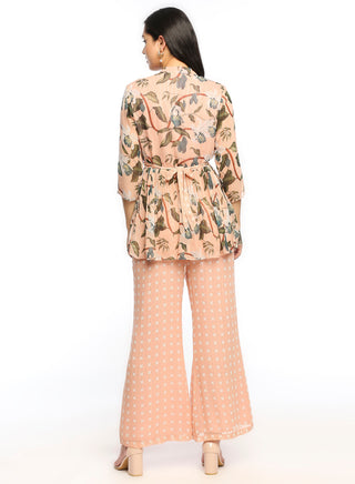 Soup By Sougat Paul-Peach Printed Top And Pants With Belt-INDIASPOPUP.COM