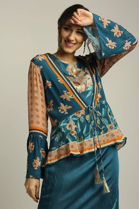 Soup By Sougat Paul-Orchid Bloom Printed Dress With Peplum Jacket-INDIASPOPUP.COM