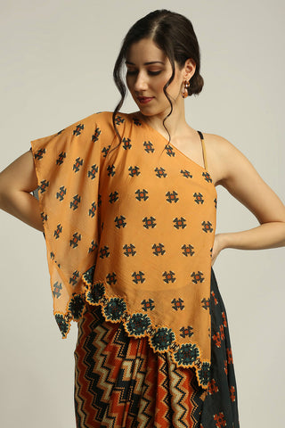 Soup By Sougat Paul-Tiraz Printed One Shoulder Top With Drape Skirt-INDIASPOPUP.COM