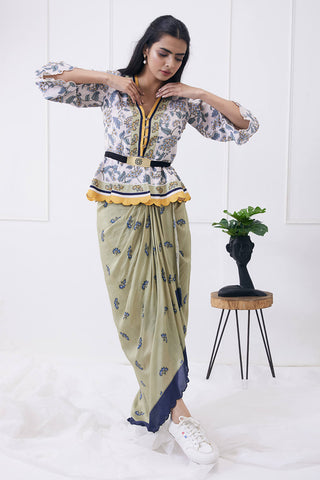 Soup By Sougat Paul-Yasmin Printed Drape Skirt With Peplum Top-INDIASPOPUP.COM