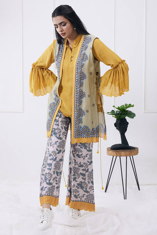 Soup By Sougat Paul-Yellow Printed Jacket With Top And Palazzo-INDIASPOPUP.COM