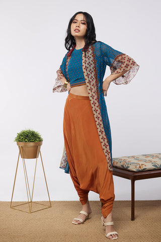 Soup By Sougat Paul-Orange Blue Top With Dhoti And Jacket-INDIASPOPUP.COM