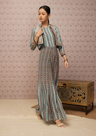 Soup By Sougat Paul-Blue Sarouk Printed Jumpsuit With Jacket-INDIASPOPUP.COM