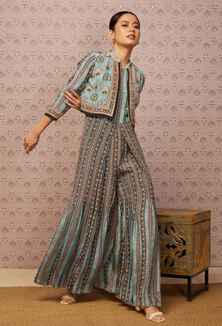 Soup By Sougat Paul-Blue Sarouk Printed Jumpsuit With Jacket-INDIASPOPUP.COM