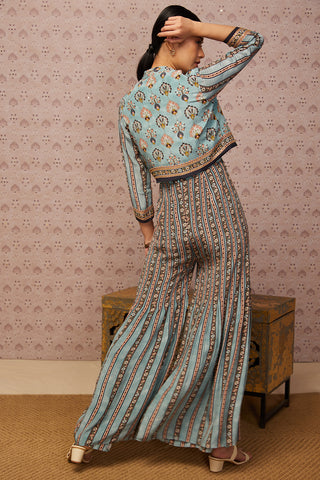 Soup By Sougat Paul-Blue Sarouk Printed Jumpsuit With Jacket-INDIASPOPUP.COM