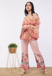 Soup By Sougat Paul-Pink Printed Off-Shoulder Top With Flared Pants-INDIASPOPUP.COM