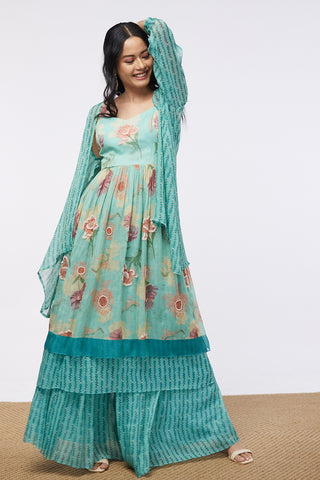 Soup By Sougat Paul-Mint Blue Printed Kurta With Sharara And Jacket-INDIASPOPUP.COM