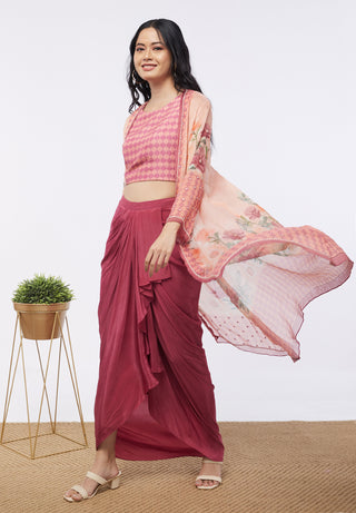 Soup By Sougat Paul-Pink Printed Drape Skirt With Top And Jacket-INDIASPOPUP.COM
