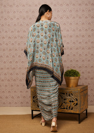 Soup By Sougat Paul-Blue Sarouk Embroidered Drape Dress With Cape-INDIASPOPUP.COM
