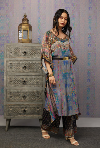 Soup By Sougat Paul-Multicolor Ikaya Embroidered Kaftan With Bottom And Belt-INDIASPOPUP.COM