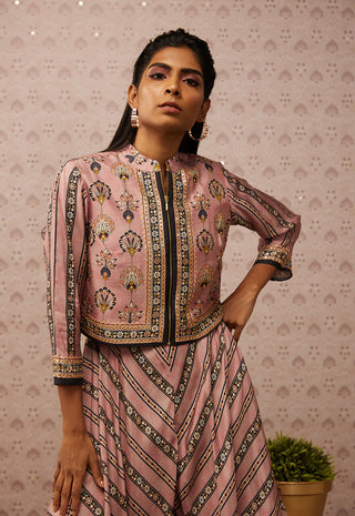 Soup By Sougat Paul-Pink Sarouk Printed Layered Jumpsuit With Jacket-INDIASPOPUP.COM