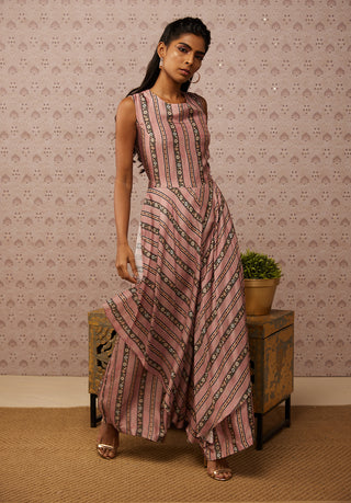 Soup By Sougat Paul-Pink Sarouk Printed Layered Jumpsuit With Jacket-INDIASPOPUP.COM