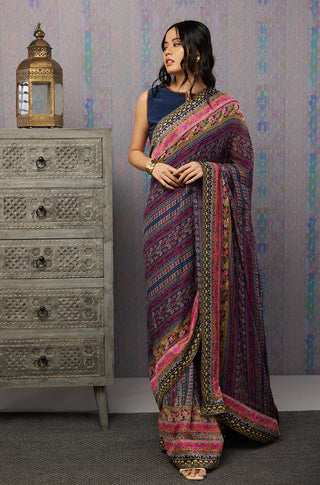 Soup By Sougat Paul-Navy Ikaya Printed Pre-Stiched Sari With Blouse-INDIASPOPUP.COM
