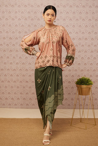 Soup By Sougat Paul-Pink Green Printed Drape Skirt With Top-INDIASPOPUP.COM