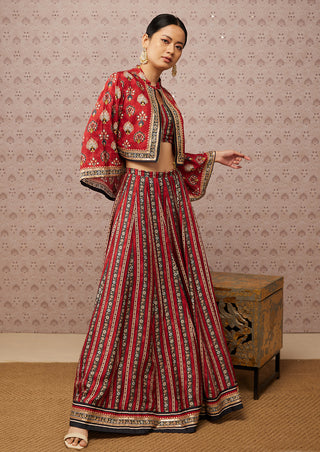 Soup By Sougat Paul-Red Sarouk Embroidered Lehenga With Blouse And Jacket-INDIASPOPUP.COM