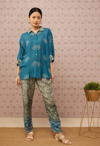 Soup By Sougat Paul-Teal Bandhej Printed Top With Bottom-INDIASPOPUP.COM