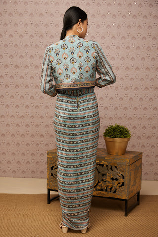 Soup By Sougat Paul-Blue Sarouk Printed Drape Dress With Jacket-INDIASPOPUP.COM