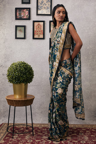 Soup By Sougat Paul-Green Mehr Draped Sari With Blouse-INDIASPOPUP.COM