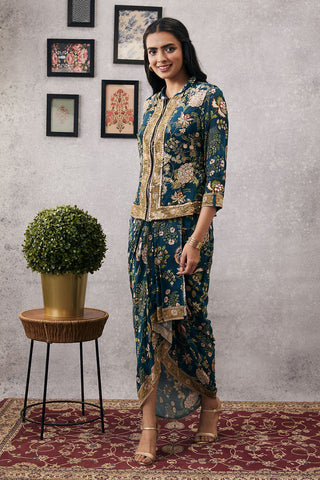 Soup By Sougat Paul-Mehr Printed Drape Dress With Jacket-INDIASPOPUP.COM