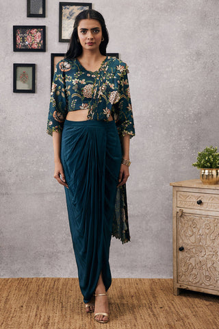Soup By Sougat Paul-Green Mehr Cutwork Draped Sari With Blouse-INDIASPOPUP.COM