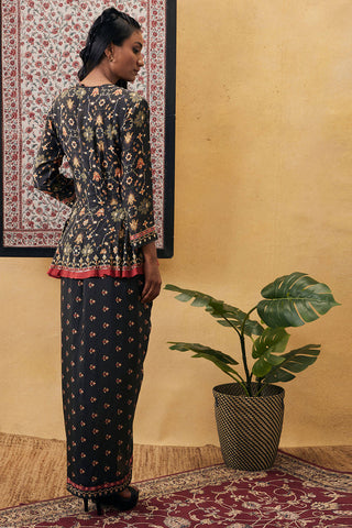 Soup By Sougat Paul-Black Zahra Printed Skirt With Peplum Top-INDIASPOPUP.COM