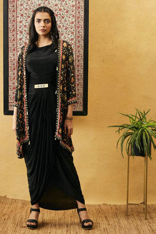 Soup By Sougat Paul-Black Zahra Solid Drape Dress With Jacket-INDIASPOPUP.COM
