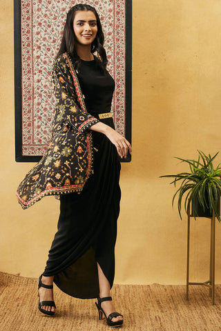 Soup By Sougat Paul-Black Zahra Solid Drape Dress With Jacket-INDIASPOPUP.COM