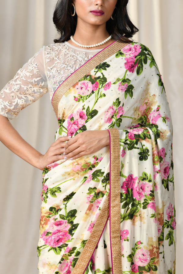 Ri.Ritu Kumar - Off White & Pink Floral Saree - INDIASPOPUP.COM