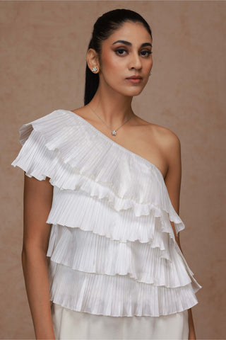 Shriya Som-Ivory Pleated One Shoulder Ruffle Top-INDIASPOPUP.COM