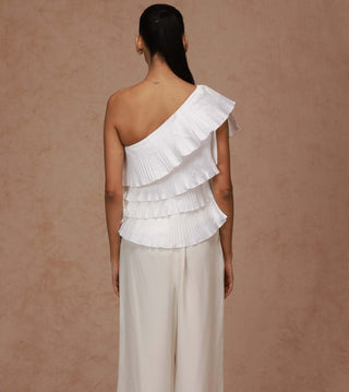 Shriya Som-Ivory Pleated One Shoulder Ruffle Top-INDIASPOPUP.COM