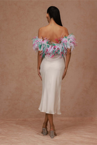 Shriya Som-White Midi Dress With Multicolor Feathers-INDIASPOPUP.COM